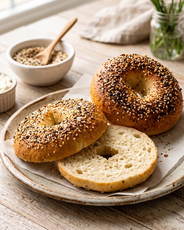Freshly baked High-Protein Cottage Cheese Bagels topped with everything seasoning on a cooling rack, sliced open to show their soft fluffy interior.