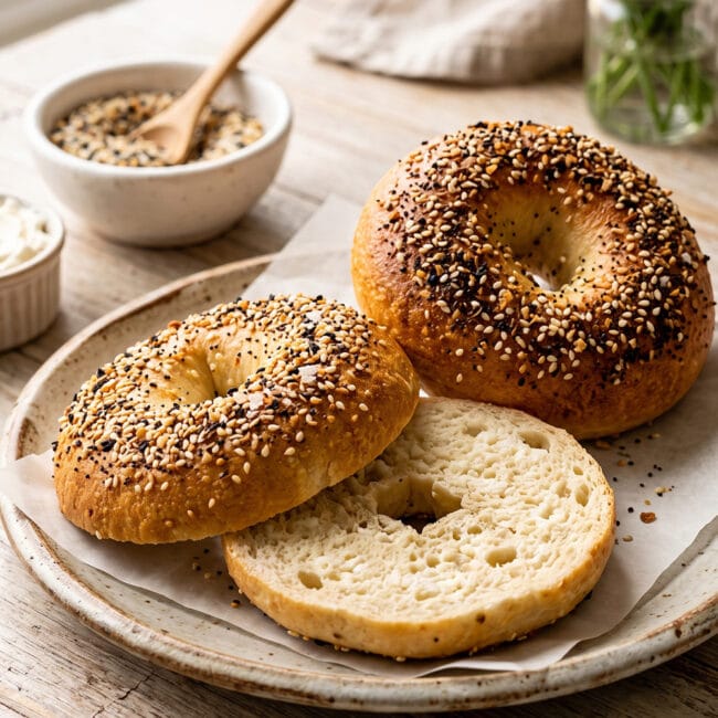 Freshly baked High-Protein Cottage Cheese Bagels topped with everything seasoning on a cooling rack, sliced open to show their soft fluffy interior.