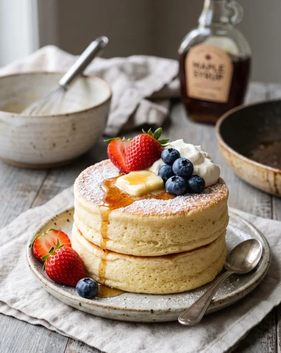 Fluffy Japanese souffle pancakes topped with powdered sugar, butter, maple syrup, and fresh berries on a white plate.