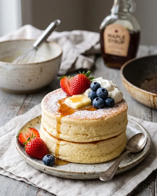 Fluffy Japanese souffle pancakes topped with powdered sugar, butter, maple syrup, and fresh berries on a white plate.