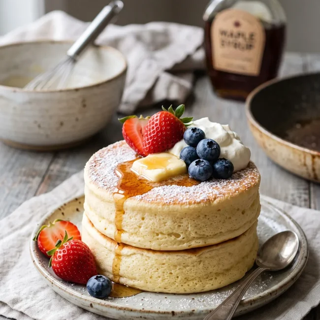 Fluffy Japanese souffle pancakes topped with powdered sugar, butter, maple syrup, and fresh berries on a white plate.