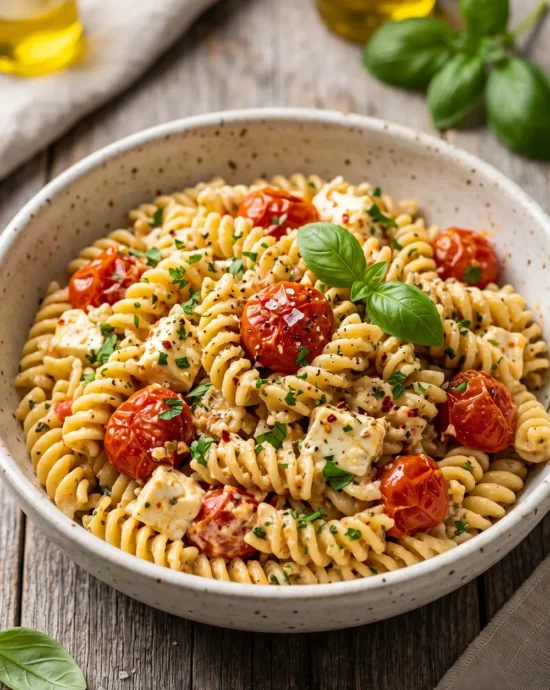 TikTok Baked Feta Pasta Salad with roasted cherry tomatoes, creamy feta cheese, fresh basil, and rotini pasta served in a Mediterranean-style bowl.