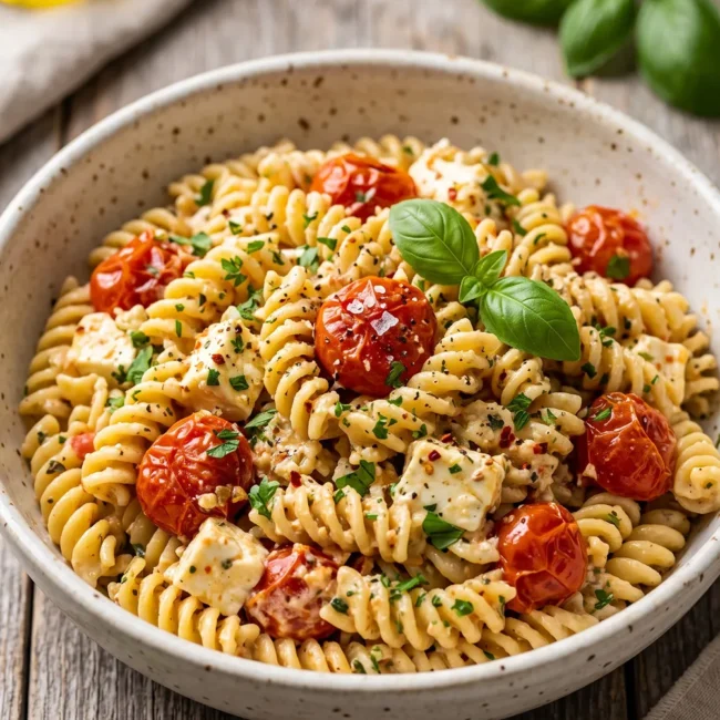 TikTok Baked Feta Pasta Salad with roasted cherry tomatoes, creamy feta cheese, fresh basil, and rotini pasta served in a Mediterranean-style bowl.