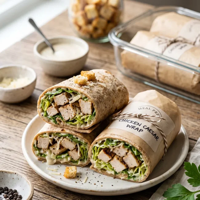 Easy Chicken Caesar Wrap for Meal Prep made with grilled chicken, romaine lettuce, Parmesan cheese, and Caesar dressing wrapped in a soft flour tortilla.