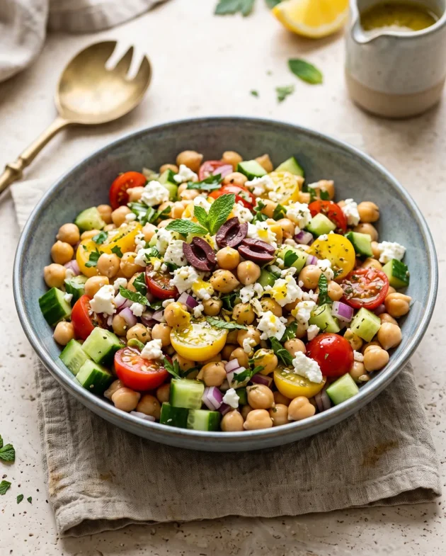 Mediterranean chickpea salad with cucumber, feta cheese, fresh herbs, and lemon dressing served in a bowl with a bright healthy no-cook meal presentation.