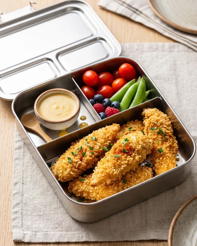 Crispy air fryer chicken tenders made with panko breadcrumbs served in a lunch box with dipping sauce and fresh sides.