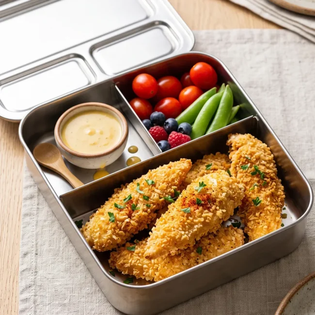 Crispy air fryer chicken tenders made with panko breadcrumbs served in a lunch box with dipping sauce and fresh sides.