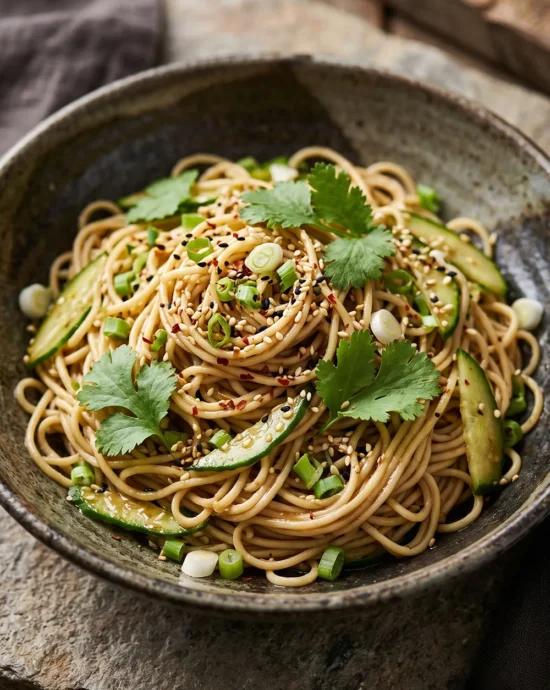 Asian Sesame Noodle Salad with noodles, cucumber, scallions, sesame seeds, and savory soy sesame dressing served in a bowl.