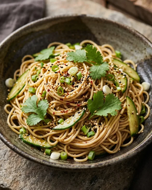 Asian Sesame Noodle Salad with noodles, cucumber, scallions, sesame seeds, and savory soy sesame dressing served in a bowl.