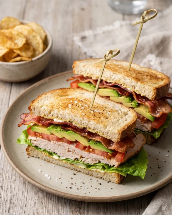 Turkey club sandwich with avocado, crispy bacon, lettuce, and tomato layered on toasted sourdough bread for an easy no-cook lunch recipe.