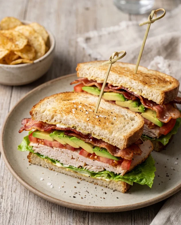 Turkey club sandwich with avocado, crispy bacon, lettuce, and tomato layered on toasted sourdough bread for an easy no-cook lunch recipe.