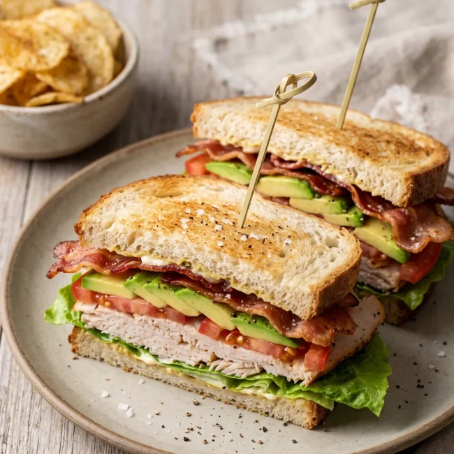 Turkey club sandwich with avocado, crispy bacon, lettuce, and tomato layered on toasted sourdough bread for an easy no-cook lunch recipe.