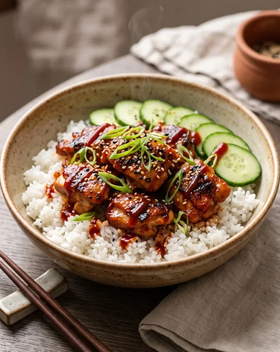 Korean Gochujang Chicken Rice Bowl with spicy glazed chicken thighs, steamed rice, fresh cucumber slices, green onions, and sesame seeds in a bowl.