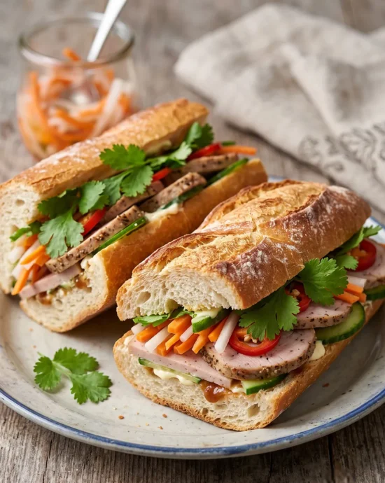 Vietnamese Banh Mi Sandwich with sliced pork, pickled carrots, fresh cilantro, and cucumber inside a crispy baguette.