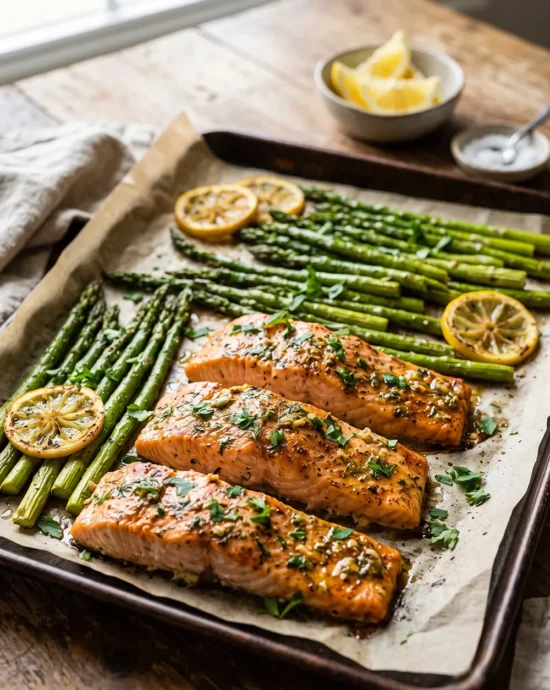 Sheet Pan Garlic Butter Salmon and Asparagus with flaky salmon fillets, roasted asparagus, and lemon garlic butter sauce on a baking sheet.