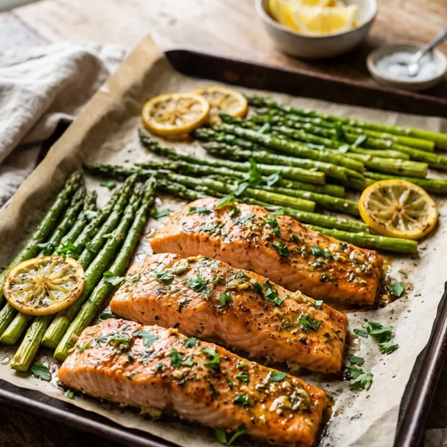Sheet Pan Garlic Butter Salmon and Asparagus with flaky salmon fillets, roasted asparagus, and lemon garlic butter sauce on a baking sheet.