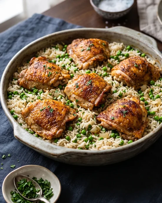 Easy one-pot chicken and rice dinner with tender chicken thighs, fluffy rice, and onions cooked together in a skillet for a comforting homemade meal.