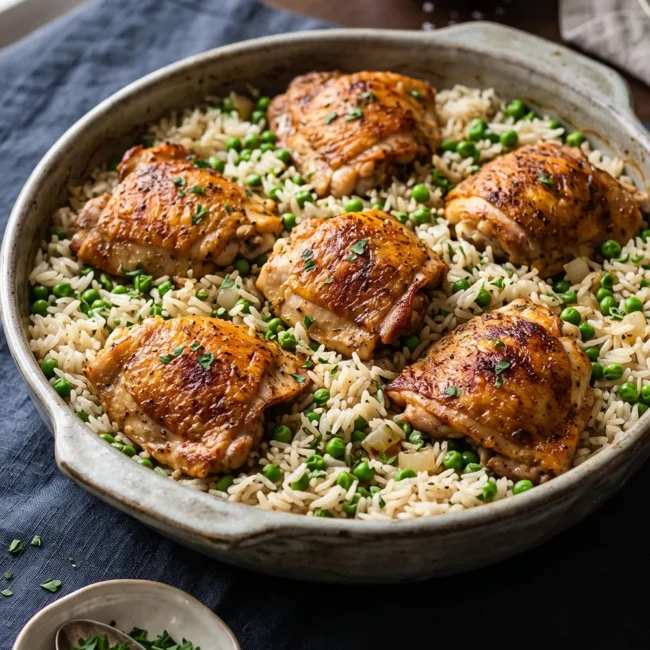 Easy one-pot chicken and rice dinner with tender chicken thighs, fluffy rice, and onions cooked together in a skillet for a comforting homemade meal.