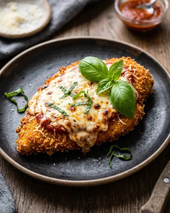 Crispy Air Fryer Chicken Parmesan with golden panko crust, marinara sauce, melted mozzarella cheese, and fresh basil served on a plate.