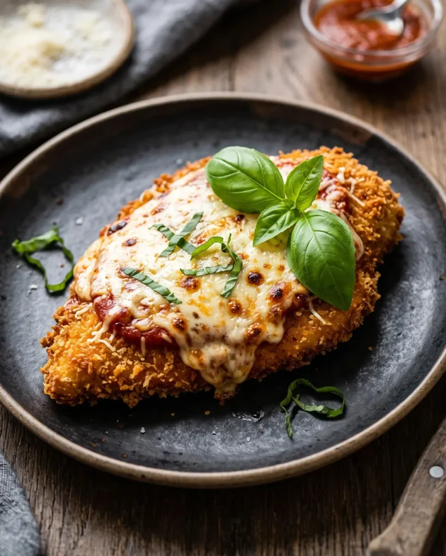 Crispy Air Fryer Chicken Parmesan with golden panko crust, marinara sauce, melted mozzarella cheese, and fresh basil served on a plate.