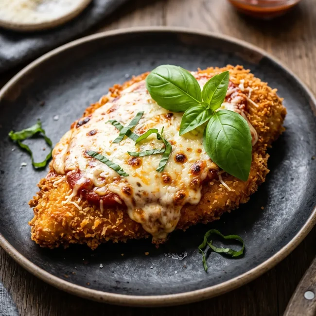 Crispy Air Fryer Chicken Parmesan with golden panko crust, marinara sauce, melted mozzarella cheese, and fresh basil served on a plate.