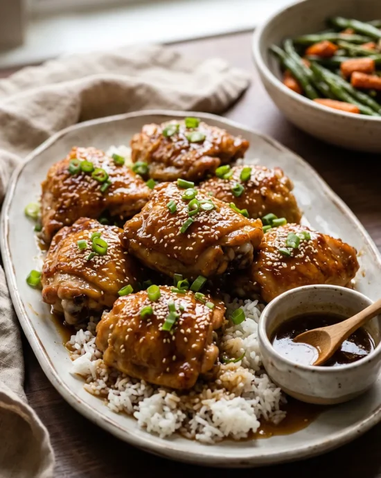 Instant Pot Honey Garlic Chicken Thighs coated in a glossy honey garlic sauce and garnished with green onions and sesame seeds, served over steamed rice.