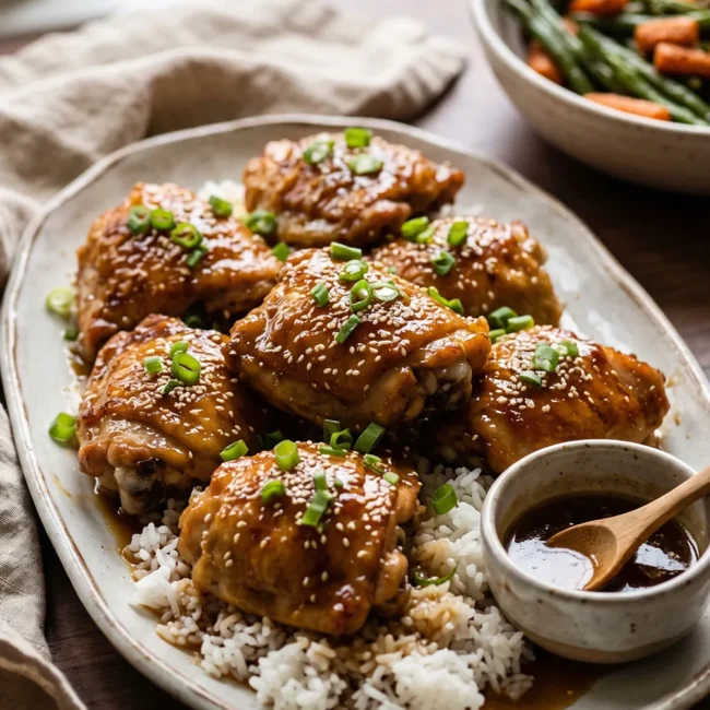 Instant Pot Honey Garlic Chicken Thighs coated in a glossy honey garlic sauce and garnished with green onions and sesame seeds, served over steamed rice.