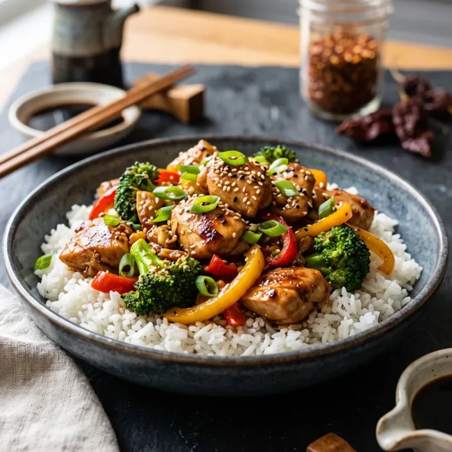 Ghost Pepper Chicken Stir-Fry with juicy chicken, broccoli, bell peppers, and spicy ghost pepper sauce served over steamed jasmine rice in a bowl.