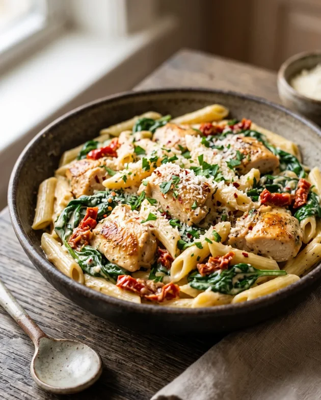 Creamy Tuscan Garlic Butter Chicken Pasta with juicy chicken, sun-dried tomatoes, spinach, Parmesan cheese, and penne pasta served in a rustic bowl.