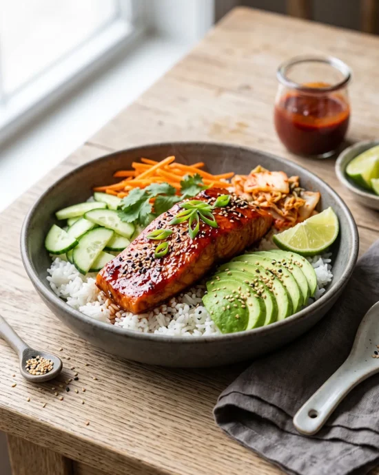 Gochujang Glazed Salmon Bowl with oven-baked salmon, steamed rice, cucumber, carrots, avocado, green onions, and sesame seeds in a rustic bowl.