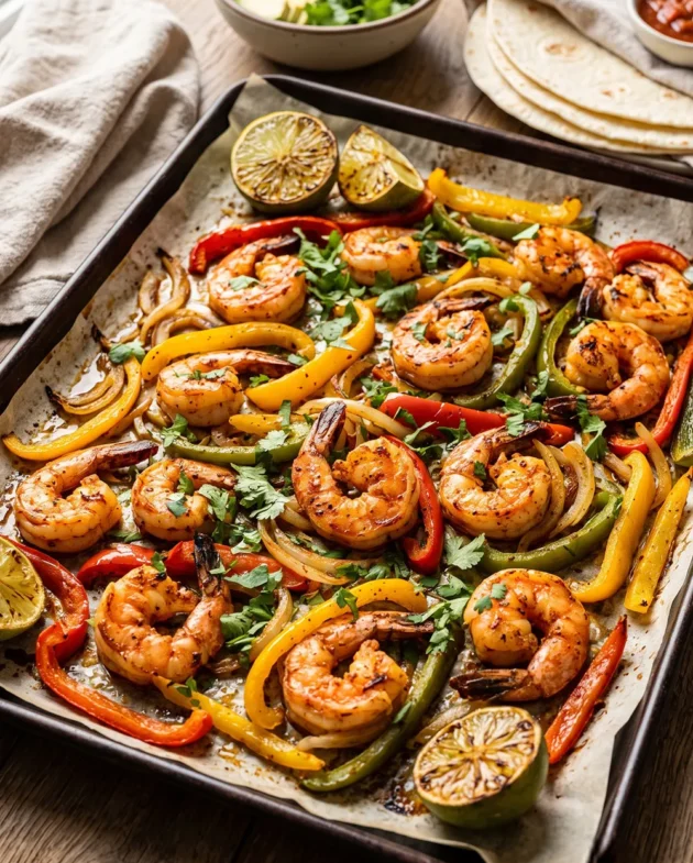 Sheet Pan Chili-Lime Shrimp Fajitas with roasted shrimp, colorful bell peppers, onions, fresh cilantro, and lime wedges served with warm tortillas.