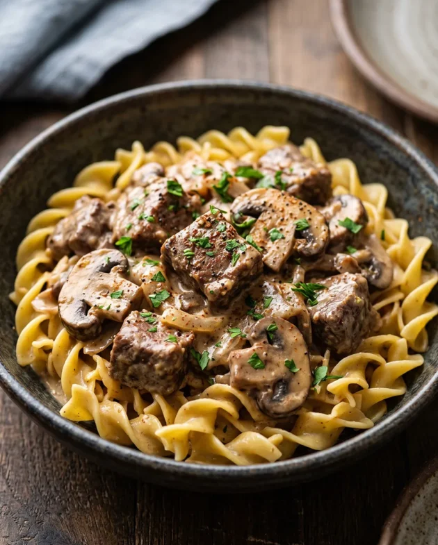 Slow Cooker Beef Stroganoff with tender beef, mushrooms, creamy sour cream sauce, and egg noodles served in a rustic bowl.