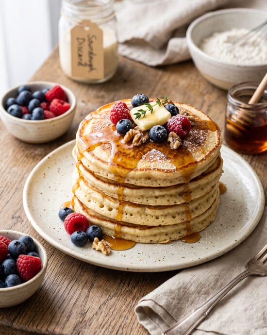 Fluffy sourdough discard pancakes stacked on a plate with maple syrup and fresh berries for an easy homemade breakfast.