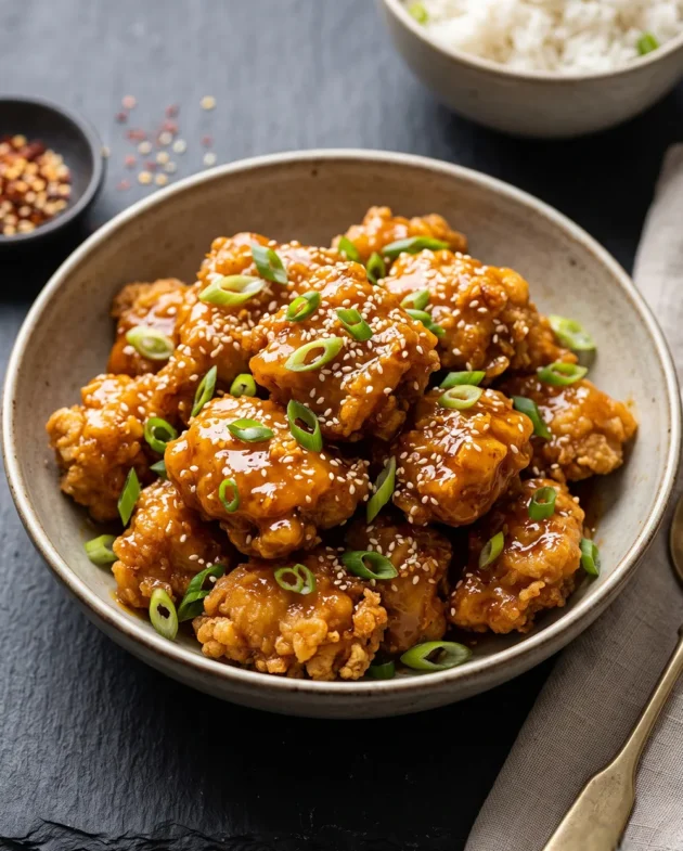 Crispy Orange Chicken coated in a glossy homemade orange sauce and garnished with sesame seeds and green onions, served over steamed rice.