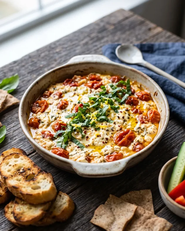 Creamy TikTok Baked Feta Dip with roasted cherry tomatoes, garlic, olive oil, basil, and chili flakes served warm with toasted baguette slices.