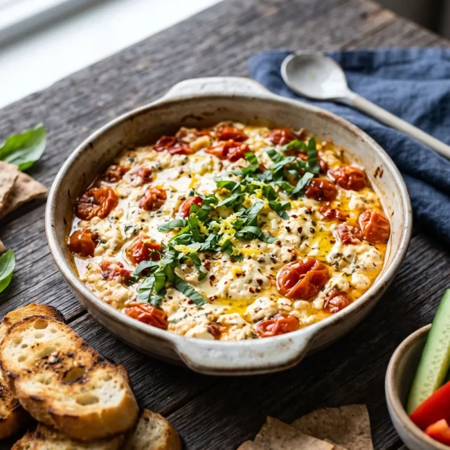 Creamy TikTok Baked Feta Dip with roasted cherry tomatoes, garlic, olive oil, basil, and chili flakes served warm with toasted baguette slices.