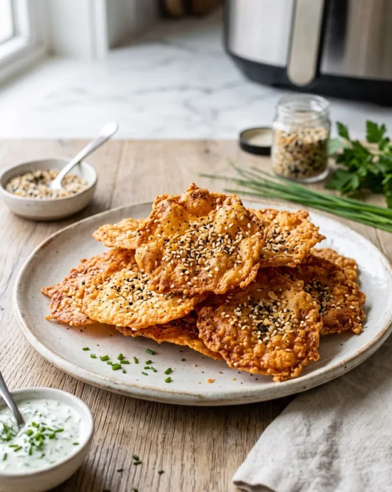 Crispy Air Fryer Cottage Cheese Chips seasoned with everything bagel seasoning, served in a bowl with a creamy dipping sauce.