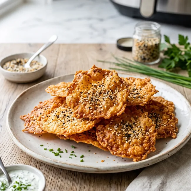 Crispy Air Fryer Cottage Cheese Chips seasoned with everything bagel seasoning, served in a bowl with a creamy dipping sauce.