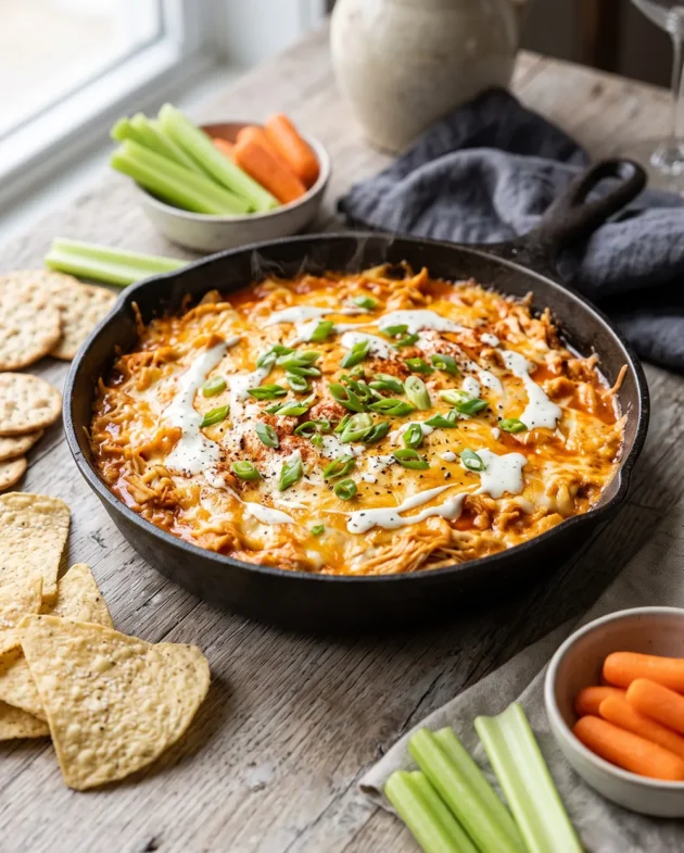 Classic Buffalo Chicken Dip baked until creamy and bubbly, topped with cheese and green onions, served with tortilla chips for an easy party appetizer.