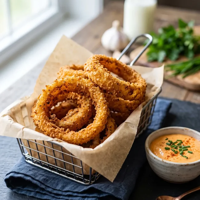 Crispy air fryer onion rings with golden panko coating served with dipping sauce on a plate, viral TikTok recipe style.
