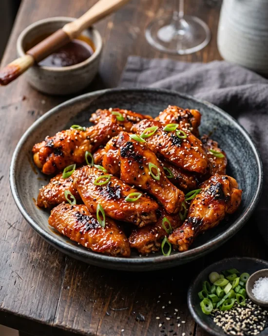 Crispy Korean Gochujang Chicken Wings coated in a sticky spicy honey garlic glaze, topped with sesame seeds and green onions, served fresh from the air fryer.