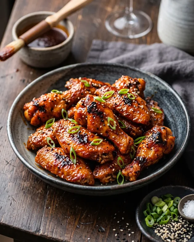 Crispy Korean Gochujang Chicken Wings coated in a sticky spicy honey garlic glaze, topped with sesame seeds and green onions, served fresh from the air fryer.