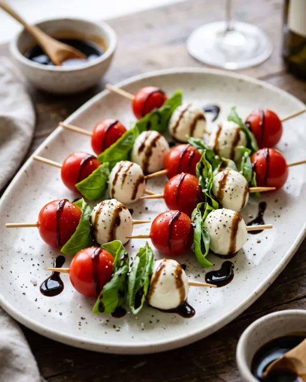 Caprese skewers with fresh mozzarella, cherry tomatoes, basil leaves, and balsamic glaze arranged on a serving platter as an easy Italian appetizer.