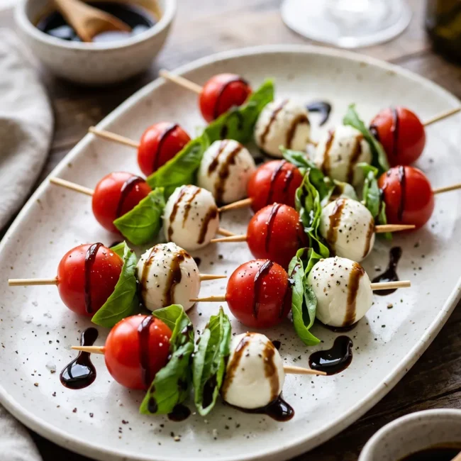 Caprese skewers with fresh mozzarella, cherry tomatoes, basil leaves, and balsamic glaze arranged on a serving platter as an easy Italian appetizer.