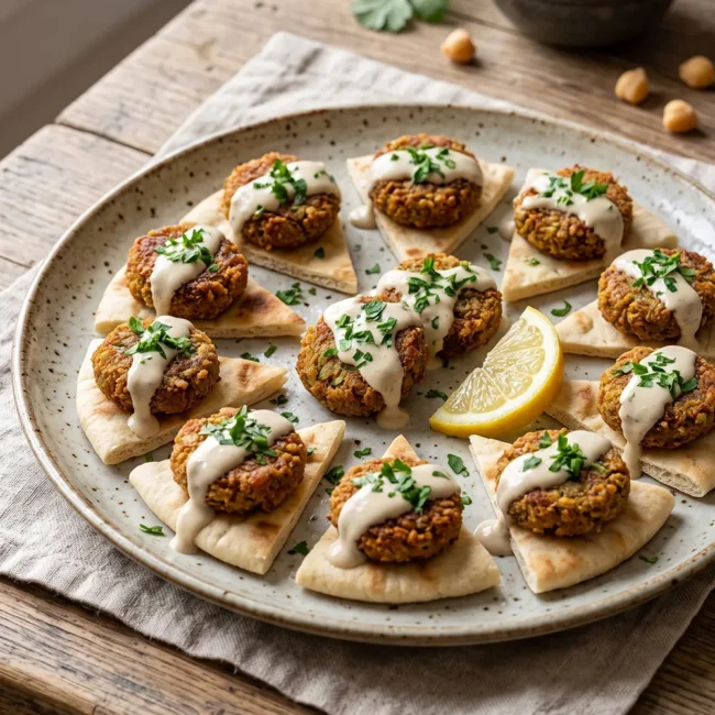 Crispy Smash Falafel Pita Bites topped with tahini sauce, fresh herbs, and chickpea falafel served as a Middle Eastern appetizer.