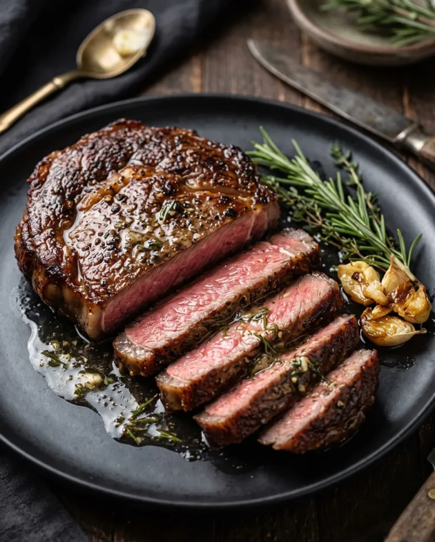 Reverse seared ribeye steak with garlic butter, rosemary, and a golden crust served from a cast iron skillet.