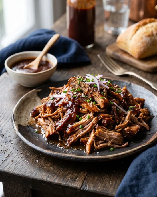 Slow Cooker Pulled Pork with BBQ Sauce served on toasted buns with tender shredded pork and homemade barbecue toppings.
