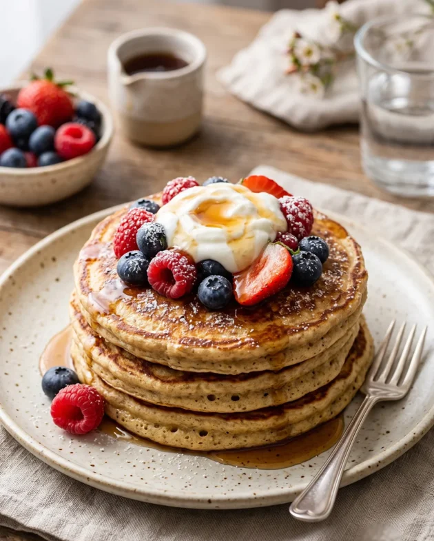 Stack of high-protein Greek yogurt pancakes topped with fresh mixed berries and a drizzle of maple syrup on a white plate.