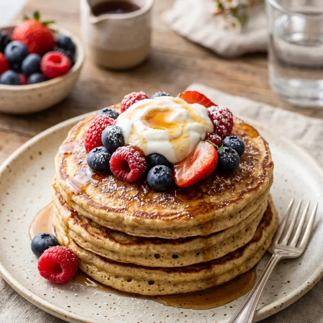 Stack of high-protein Greek yogurt pancakes topped with fresh mixed berries and a drizzle of maple syrup on a white plate.
