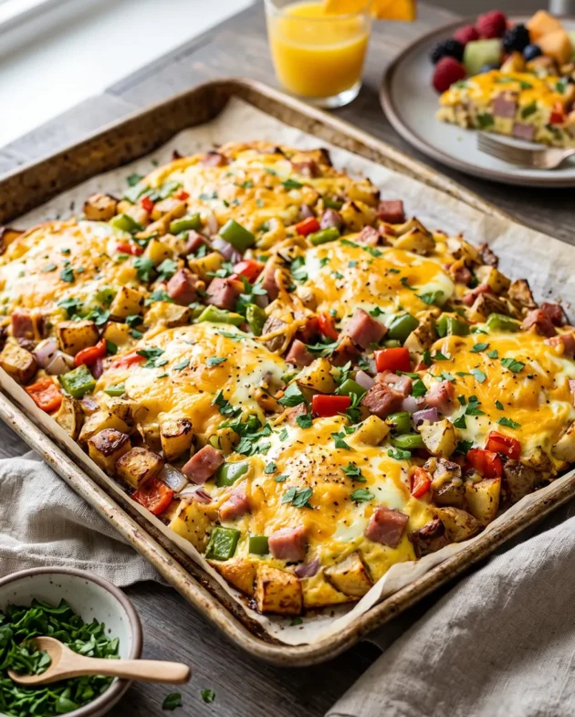 Sheet Pan Denver Breakfast Bake with eggs, diced potatoes, ham, melted cheddar cheese, and colorful bell peppers served fresh from the oven.